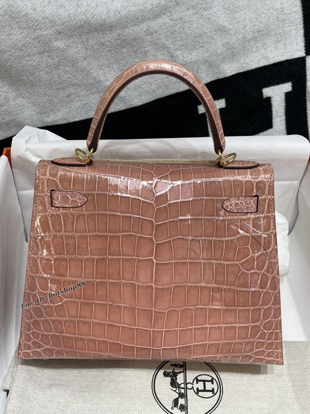 Hermes專櫃經典款Kelly手提女包 愛馬仕純手工凱莉25CM高光尼羅鱷魚皮Kelly包 zhh1250